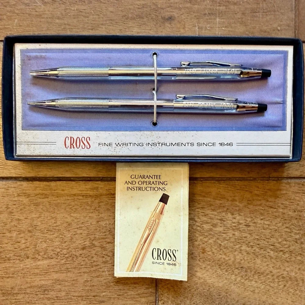NEW 70s VTG Cross Ballpoint Pen & Pencil Set Box 3501 USA Lustrous Chrome Manual